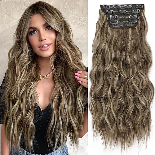 Miniatura 414 de KooKaStyle Extensiones de cabello rubio playa con clip, extensiones de cabello sintético largo ondulado y grueso, 4 piezas de 20 pulgadas para mujer