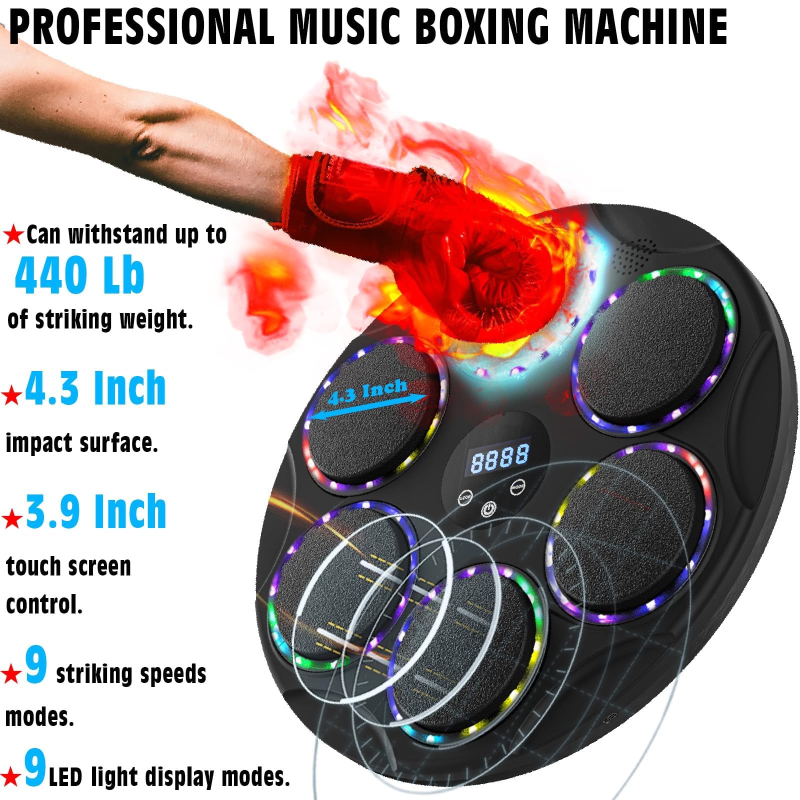 Music Boxing Machine con guantoni da boxe, 17,3" LED Smart Bluetooth Music Boxing, macchina elettronica da boxe per montaggio a parete con modalità 9 velocità e conteggio