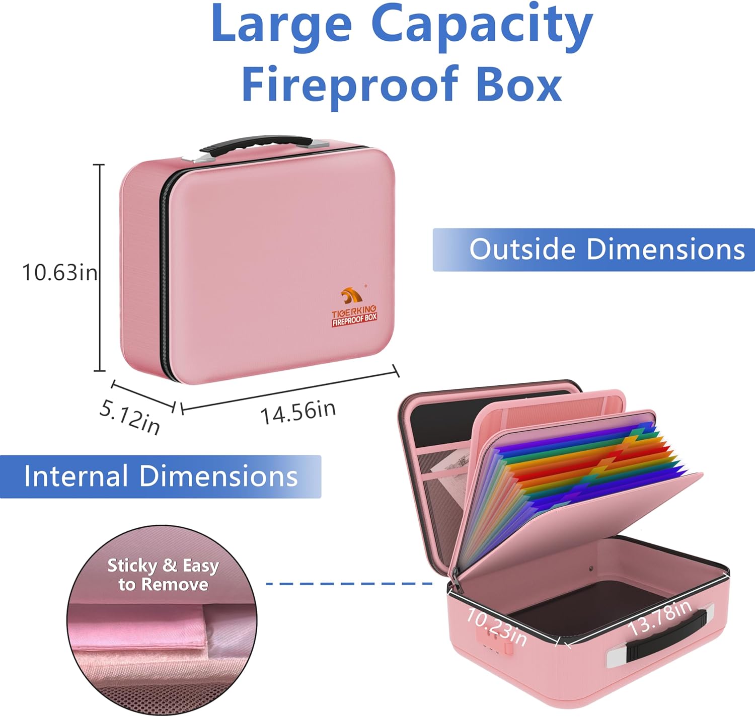 TIGERKING Fireproof Document Box Hard Shell, Fire Proof File Box for Documents with Combination Lock, File Safe Boxs Fireproof Waterproof with Handle, Durable Organizer for Home Office Storage - Grey
