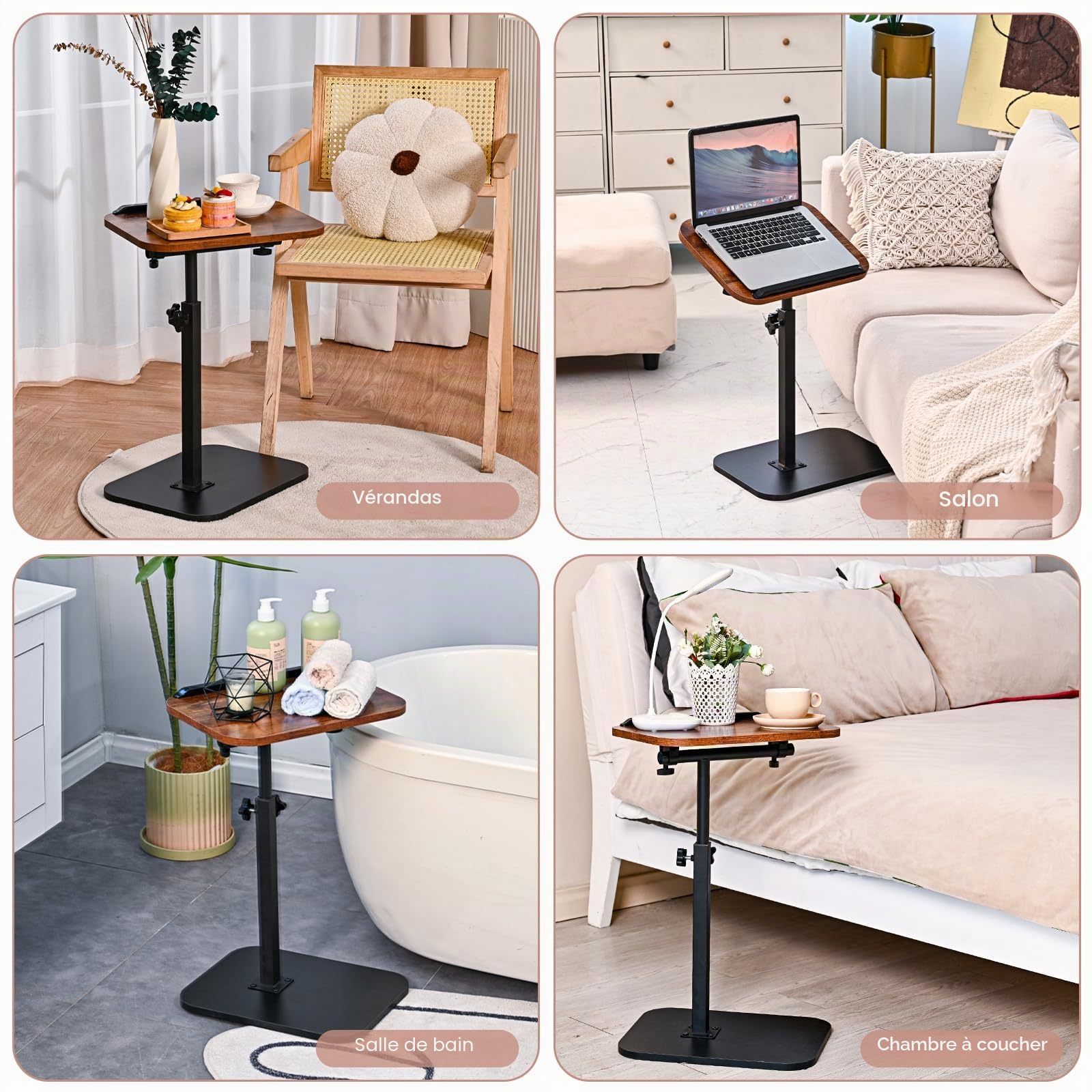 Table d'appoint en C réglable en Hauteur pour canapé,avec Fente pour téléphone et Tablette,lit, Coin Lecture, Table d'appoint en Forme de C pour canapé, Plateau TV Rotatif à 360 ° (Walnut)