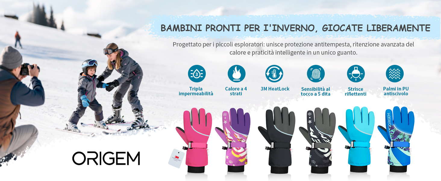 Guanti Da Neve Bambini Origem Impermeabili Termici Con Touchscreen 5 Dita - Per Sci, Snowboard, Bici (4-14 Anni)