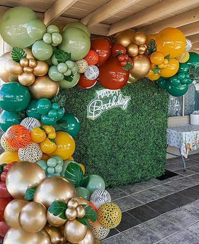 Kit de arco de guirnalda de globos de selva de safari con globos verde salvia y marrón, estampado de animales para niños, safari en la selva, baby