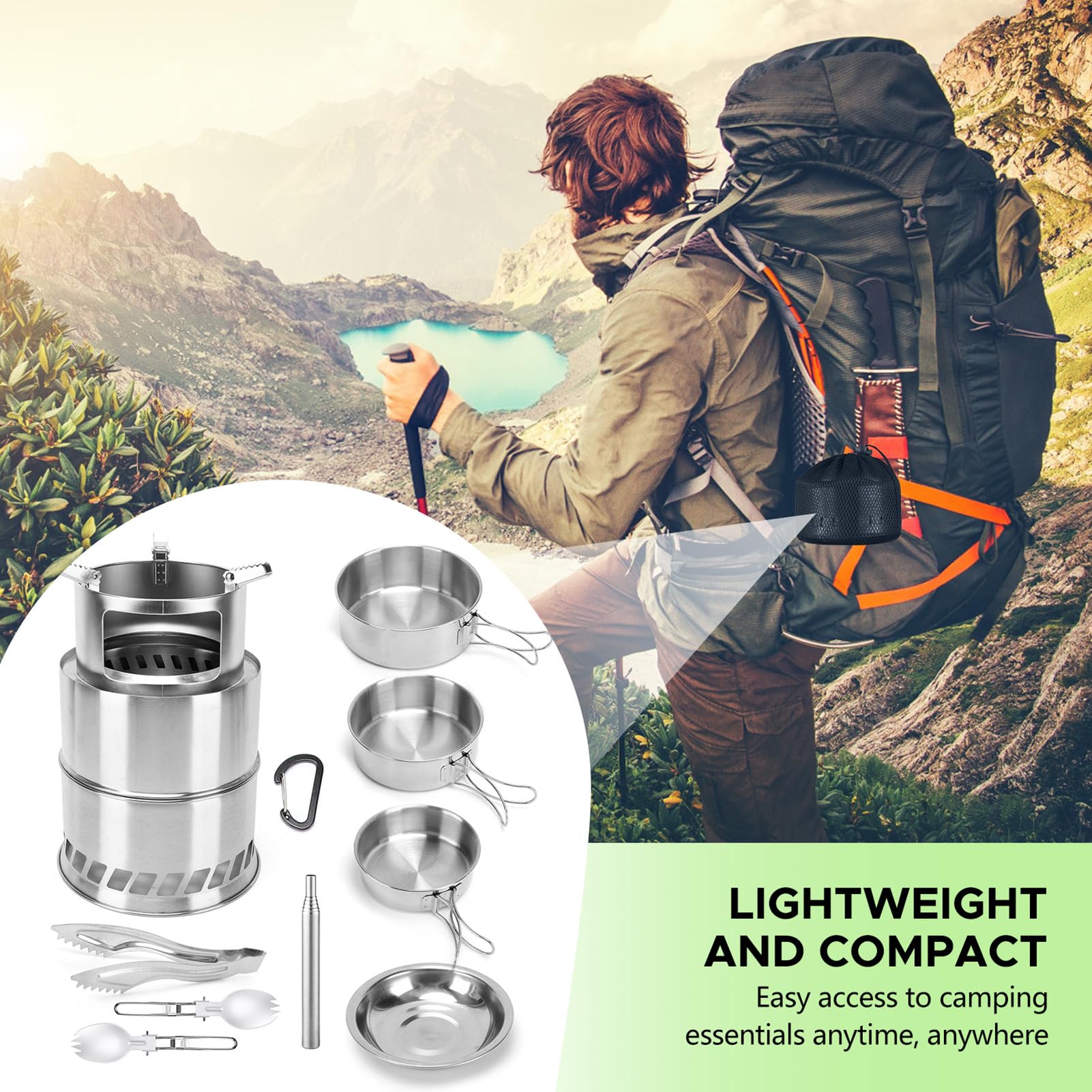 Kit de Utensilios Cocina Camping 11 piezas acero inoxidable 304 con hornillo de leña portátil cocina outdoor con olla sartén platos cubiertos senderismo mochila (Juego horno grande)