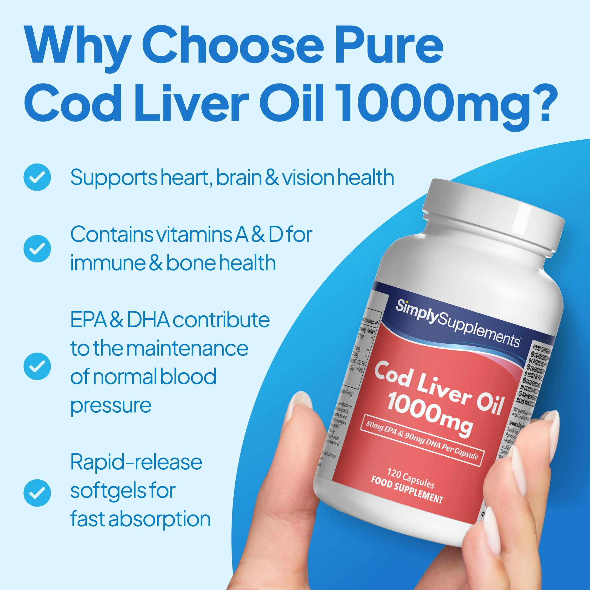 Olio di fegato di merluzzo 1000 mg - 120 capsule - 4 mesi di durata - SimplySupplements