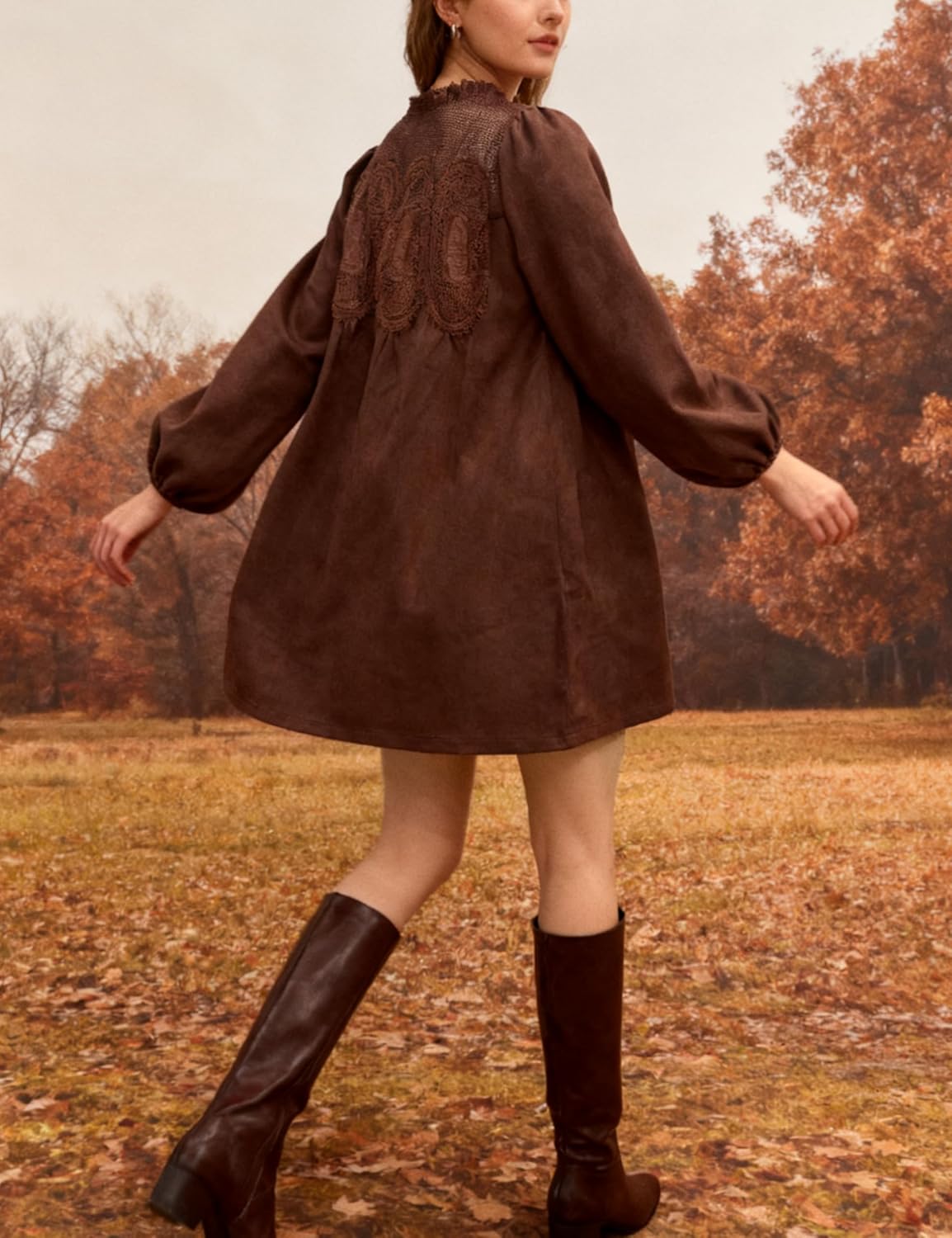 Athlisan Women's 2025 Fall Mini Dress Long Sleeve Faux Suede Lace Patchwork Babydoll A-Line Swing Dress with Pockets - Image 5