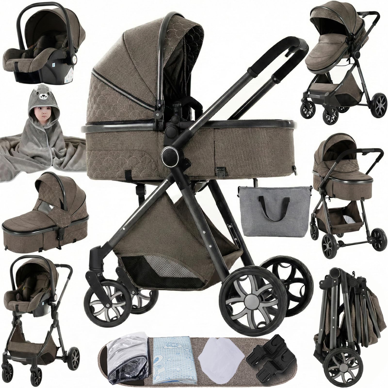 Poussette 3 en 1, Tissus Haut de Gamme Poussette Bebe, Poussoir Bidirectionnel Poussette Avec Cosy, Vision Buverte Poussettes Combinées (V9 Chocolate)