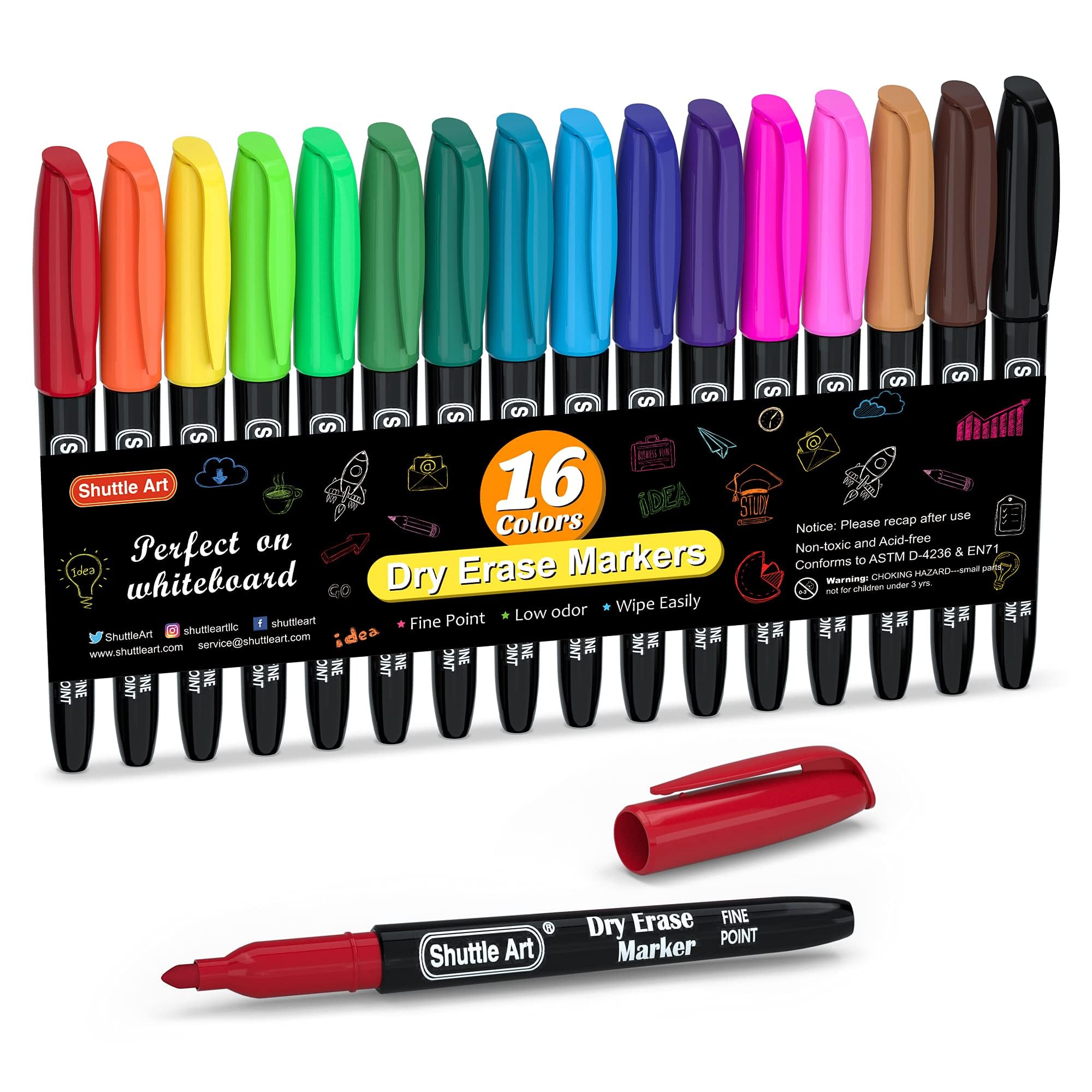 Shuttle Art 16 Colores Rotulador Pizarra Blanca, Rotuladores Pizarra Blanca Niños y Adultos, Whiteboard Marker Punta Fina con Borrador, Rotuladores Borrables para Escuelas, Hogar, Trabajar