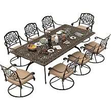 9-Piece Outdoor Dining Set, Retro Bronze Cast Aluminum Patio Furniture Include 86.6" Rectangle Table and 8 Fixed Chairs with Cushion and Umbrella Hole for Patio Deck Garden