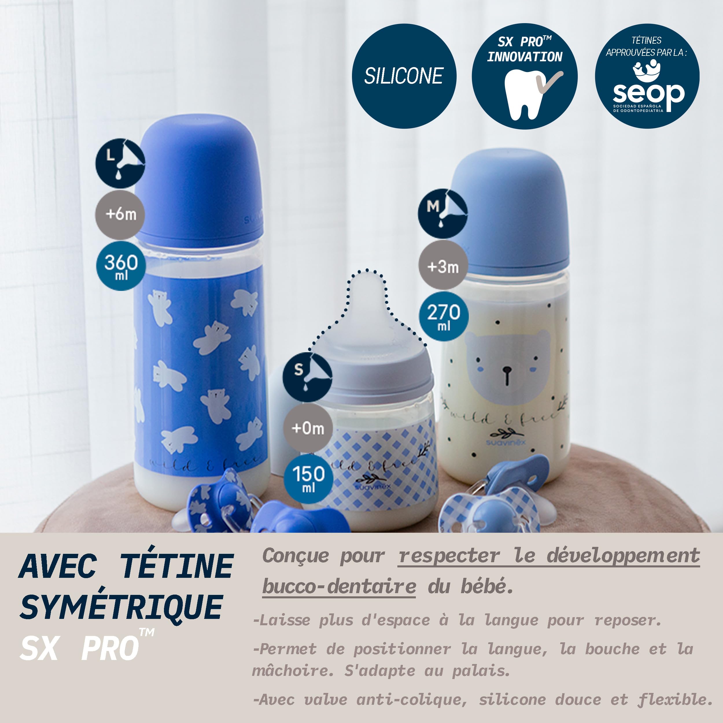 Suavinex, Lot de 2 Biberons 270 ml, Tétine Symétrique SX Pro en Silicone avec Valve Anticolique, Débit Moyen (M), Liquides de Densité Moyenne, Lait, Jus, Eau. Bébés +3 Mois. Birdies, Wild&Free, Vert