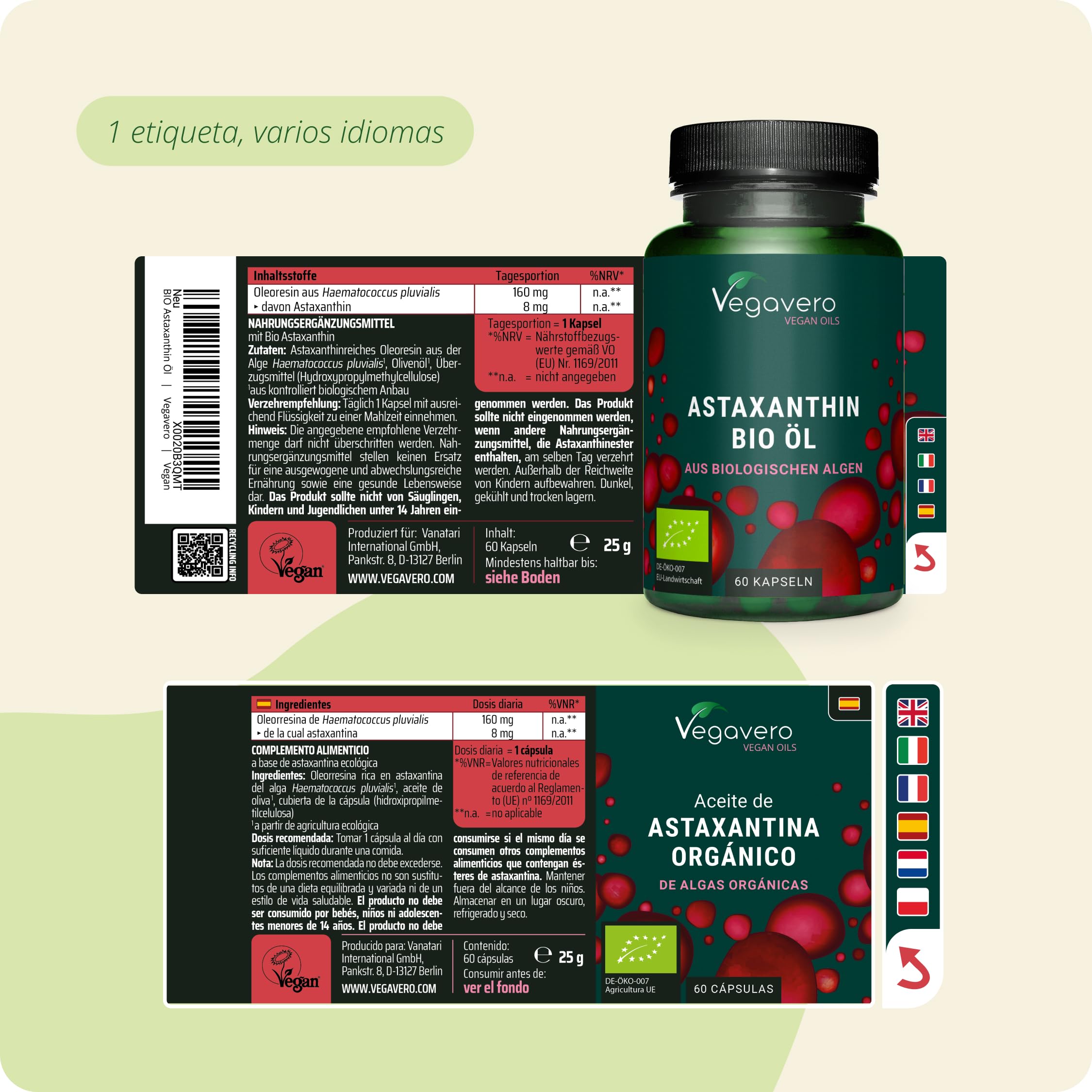 Astaxantina BIO Vegavero | 8 mg en Aceite Ecológico Puro | Alta Absorción | 60 Cápsulas | Antioxidante y para la Vista | Sin aditivos | Vegano