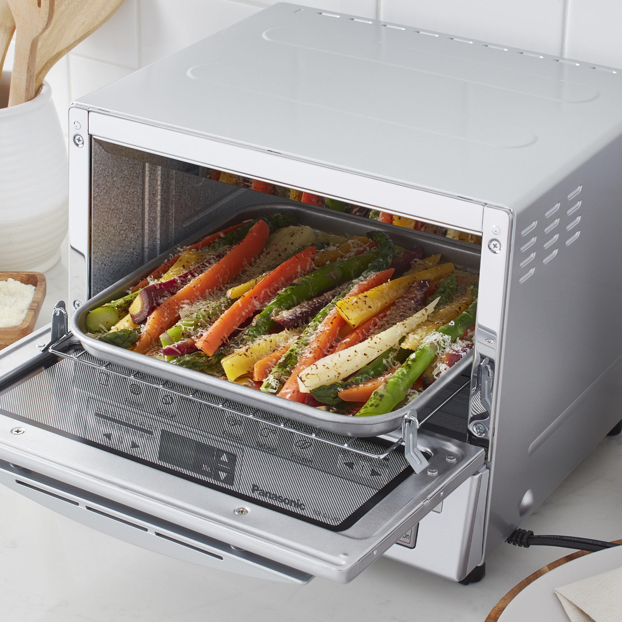 Panasonic FlashXpress Toaster Oven Countertop, 4-Slice Small Toaster Oven Compact Size with Double Infrared Heating, 6 Auto Cook Options and Precise Temperature Control, 1300W - NB-G110P (Silver)