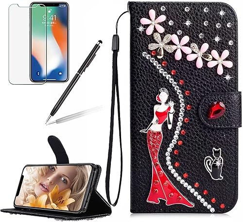 Girlyard Funda para Samsung Galaxy A32 5G, Bling Glitter Rhinestone Premium PU Funda tipo cartera con tarjetero Flip Magnetic Kickstand Funda