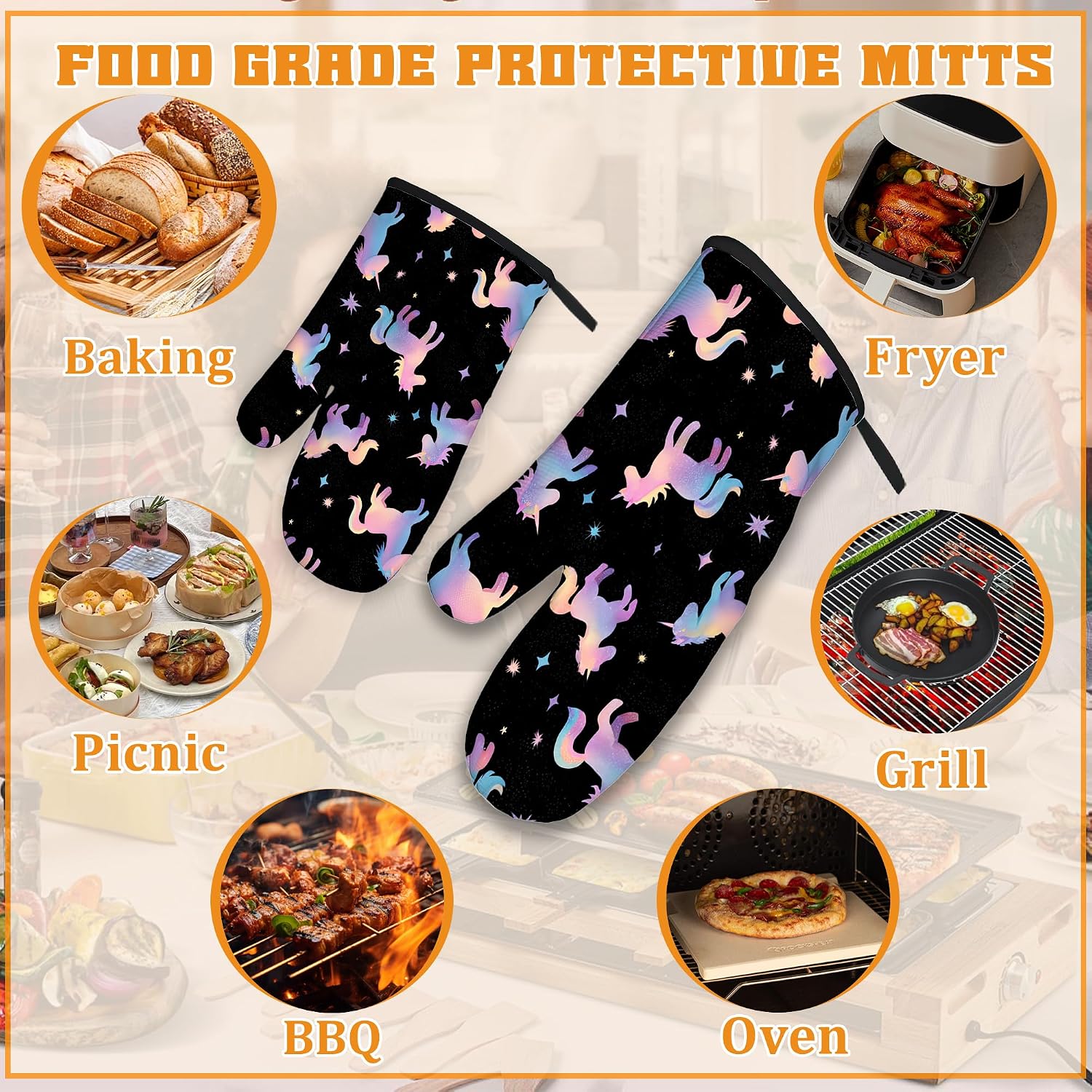 Cute Unicorn Pattern Oven Mitts and Pot Holders Set,Pink Kitchen Decor Heat Resistant Non Slip Hot Pads and Oven Mitt for Chef Cooking Baking BBQ Mom Girl Gifts(4 Piece Set) image 5