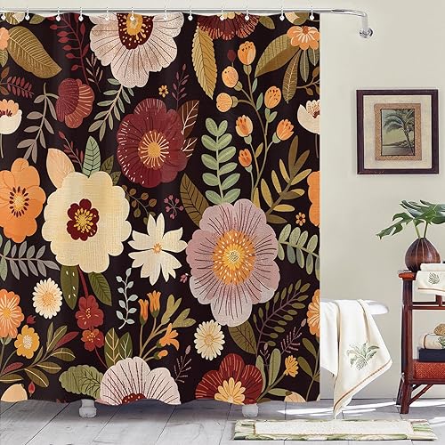 Miniatura 11 de Yeoiat Juego de cortina de ducha con diseño botánico bohemio sin gancho y forro de tela a presión, diseño botánico blanco, cortina de ducha blanco1