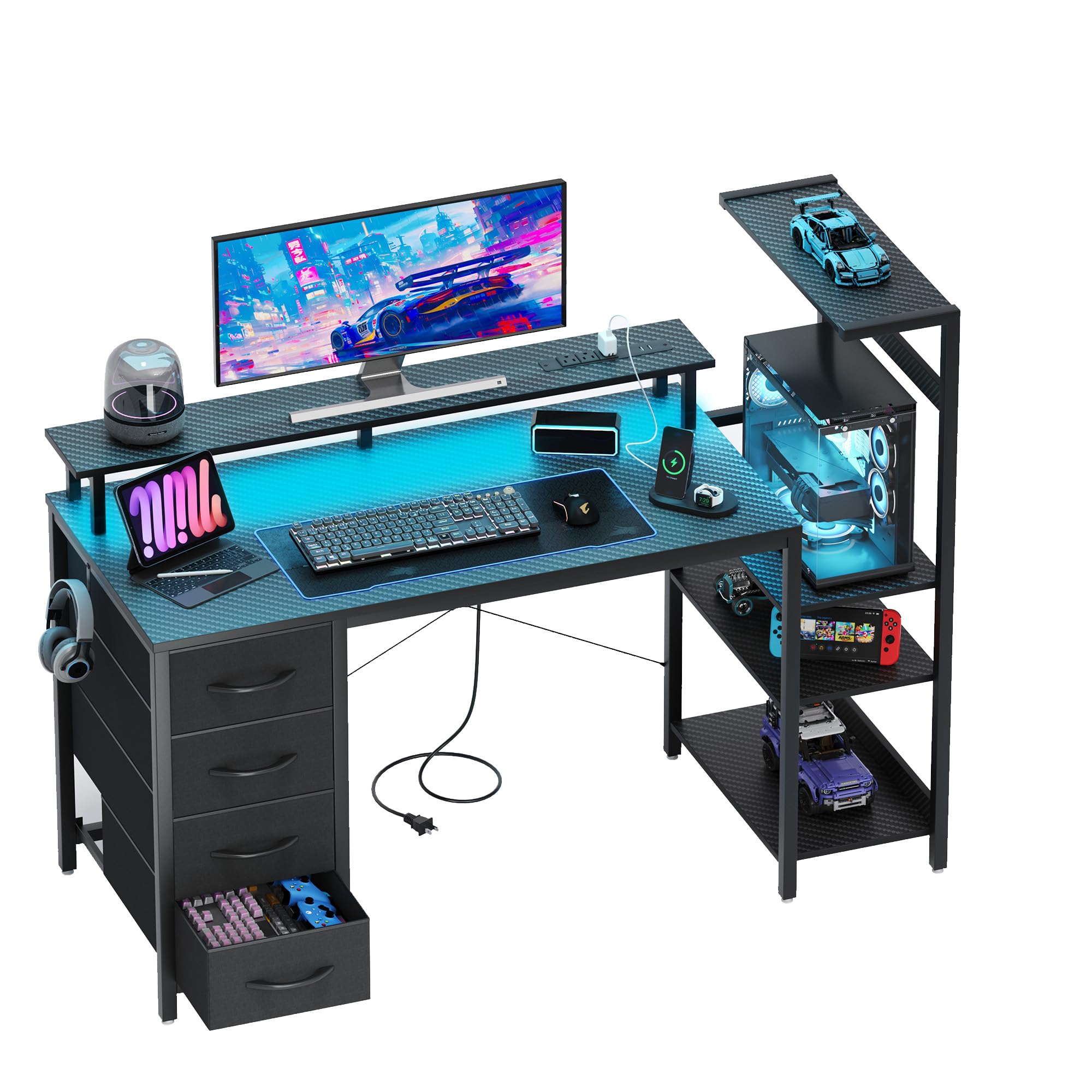 YOUDENOVA Bureau gaming avec 4 tiroirs en tissu, 130 x 48 cm, bureau d'ordinateur réversible avec LED et prise, bureau avec support moniteur, port USB, table PC pour home office et gamers, noir