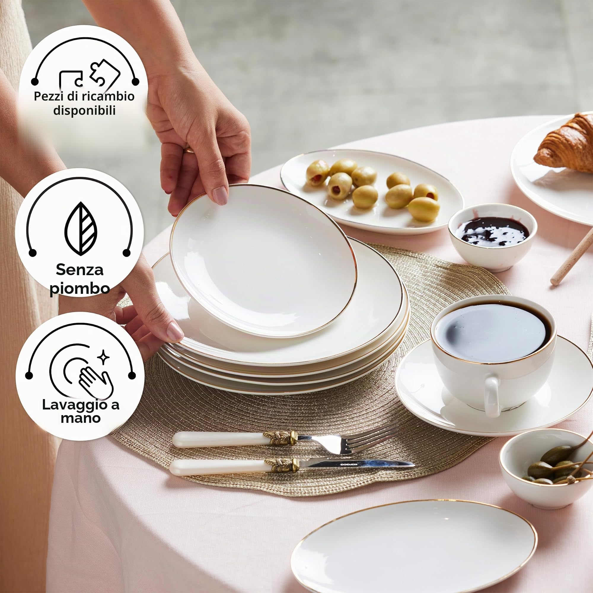 Karaca Marcelo Gold - Set da colazione per 6 persone, set da 26 pezzi con piatti e ciotole, set di stoviglie rotonde e set da tavola in oro bianco