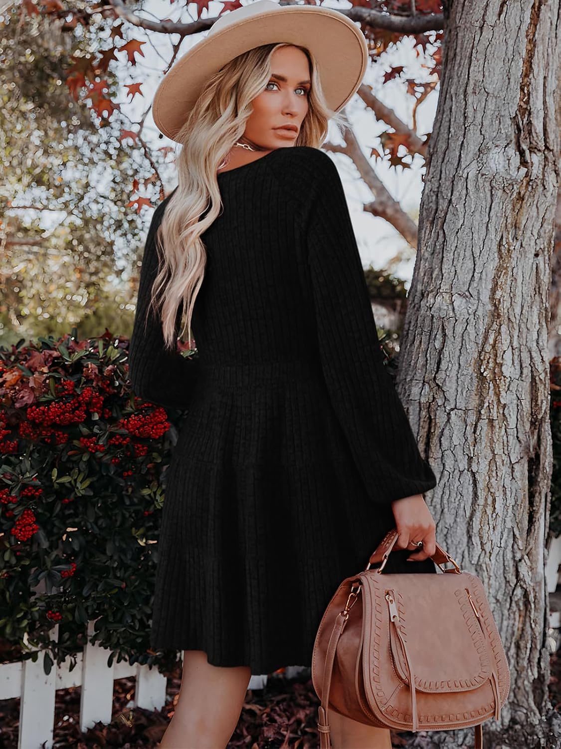 Women's Long Sleeve V Neck Sweater Dress Ribbed Knit Casual Babydoll Tiered Short Mini Fall Tunic Dresses - Image 4