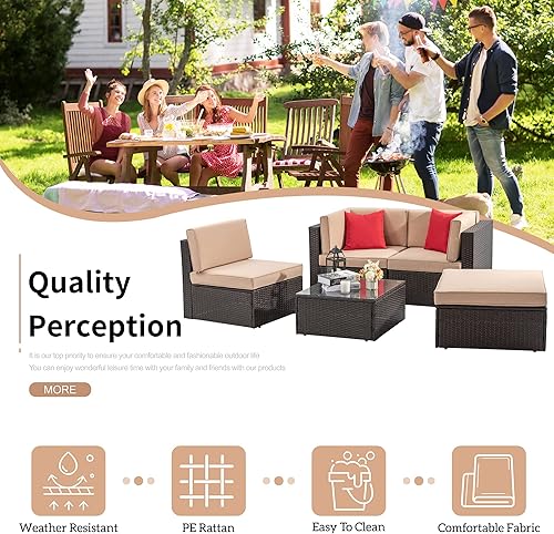 Miniatura 4 de Shintenchi Juego de muebles de patio de 5 piezas para exteriores para todo tipo de clima, juego de sofá seccional de ratán de polietileno con mesa