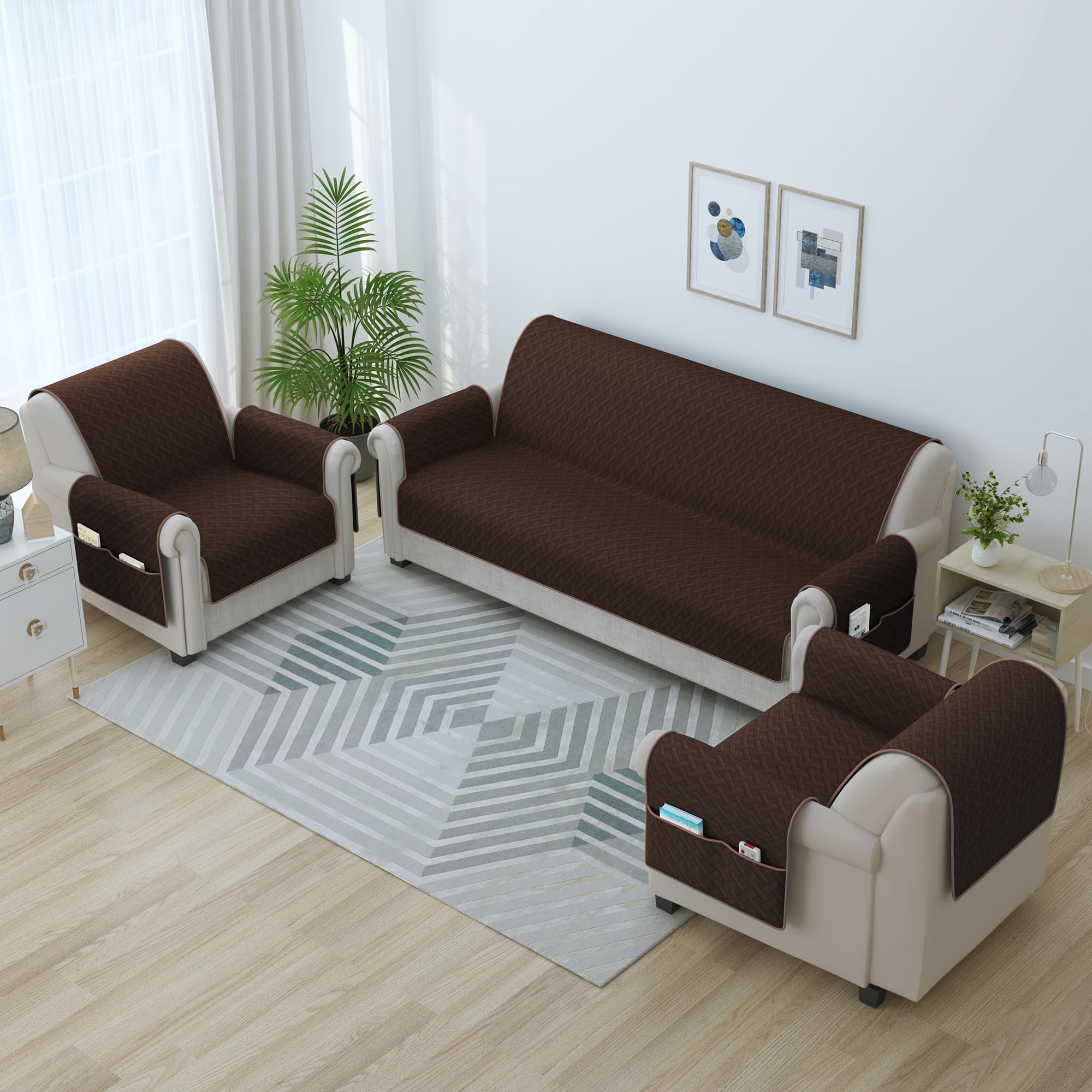 Story@Home Quilted Sofa Cover 5 Seater | Sofa Cover with Pockets | Microfiber Sofa Cover | 3+1+1 Seater Sofa Cover with Pockets | Make Your Own Set Stylish for Aesthetic Home Furnishing | Brown-image-15