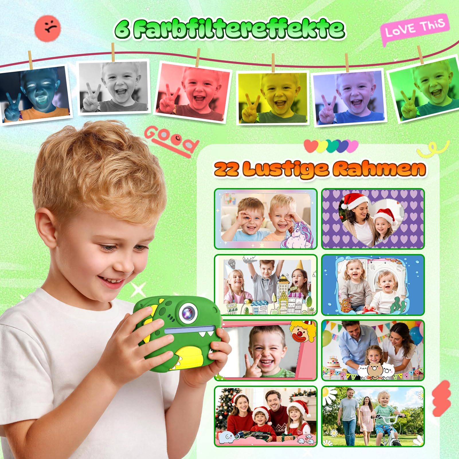 Wootoyz Kinderkamera Sofortbildkamera, Digitalkamera für Kinder Dinosaurier Spielzeug ab 3 4 5 6 7 8 Jahren Junge Geschenkideen Kinderkamera Junge 4 5 6 7 8 Jahre Spielzeug ab 3-12 Jahre