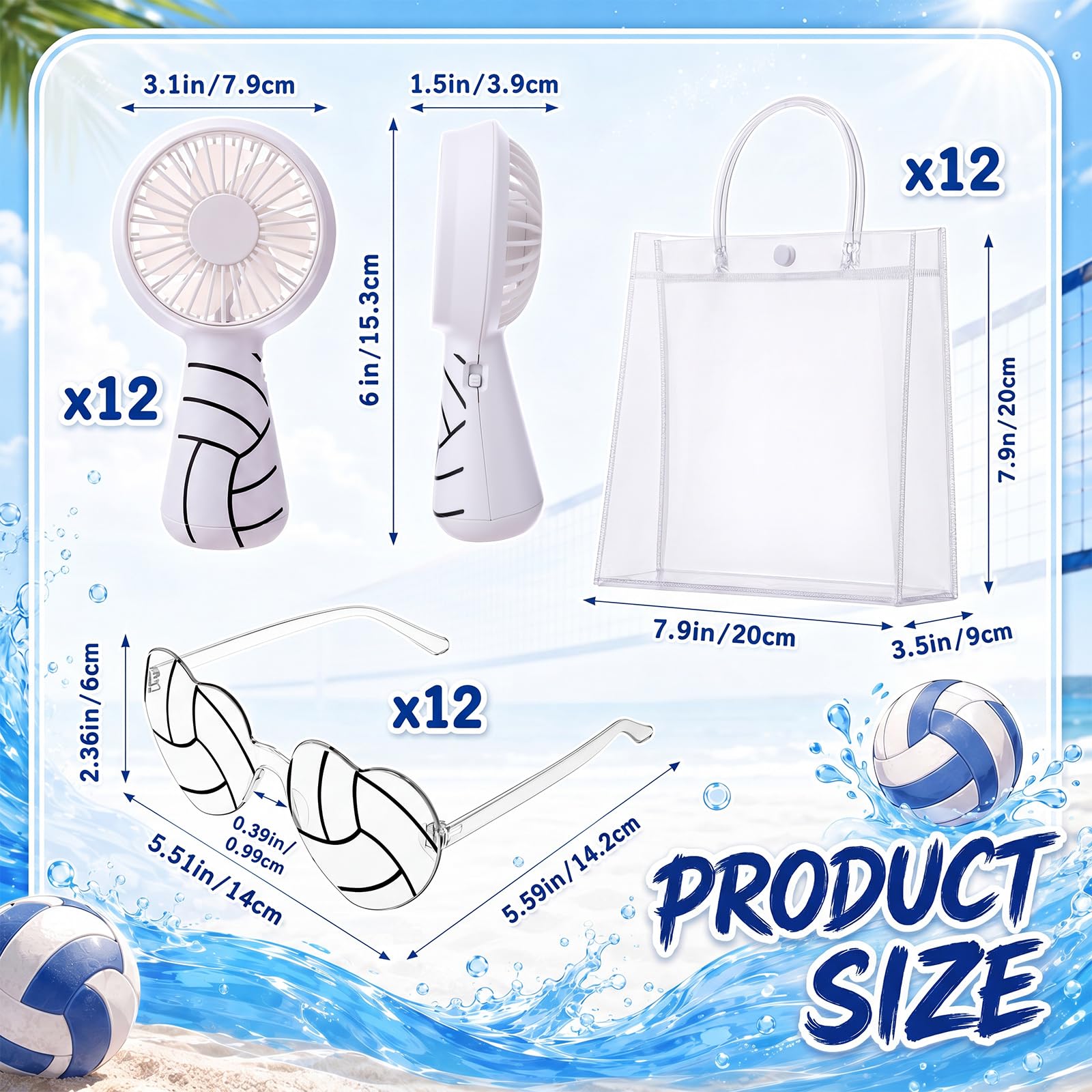 48 piezas de voleibol para fiestas, mini ventilador portátil de mano, funciona con pilas, toalla de entrenamiento de refrigeración, gafas de sol, bolsa de regalo transparente para equipo