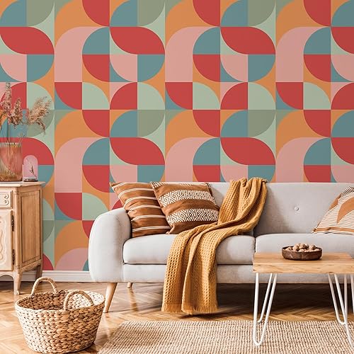 Miniatura 3 de VEELIKE Papel tapiz geométrico contemporáneo para despegar y pegar, papel tapiz geométrico abstracto colorido para pared de dormitorio, 17.7 x 118