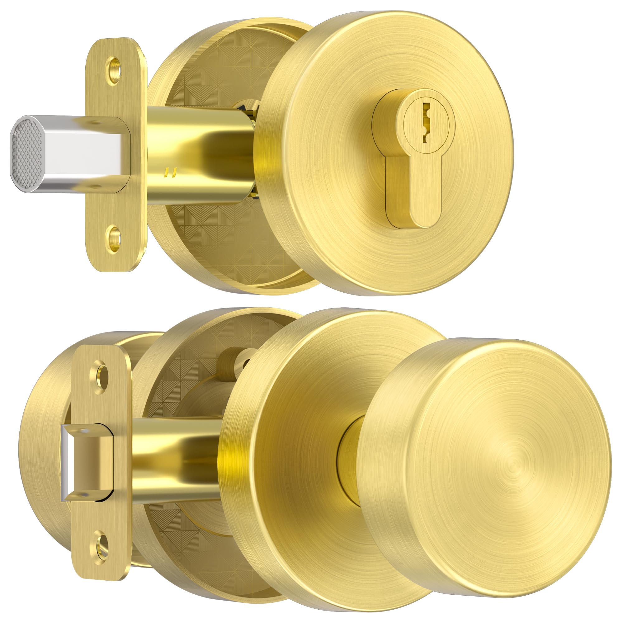 Naubea Brushed Gold Gold Door Knob With Deadbolt Lock, Satin Brass Front Door Handle With Deadbolt Lock Set, Round Deadbolt And Exterior Door Knob With Key