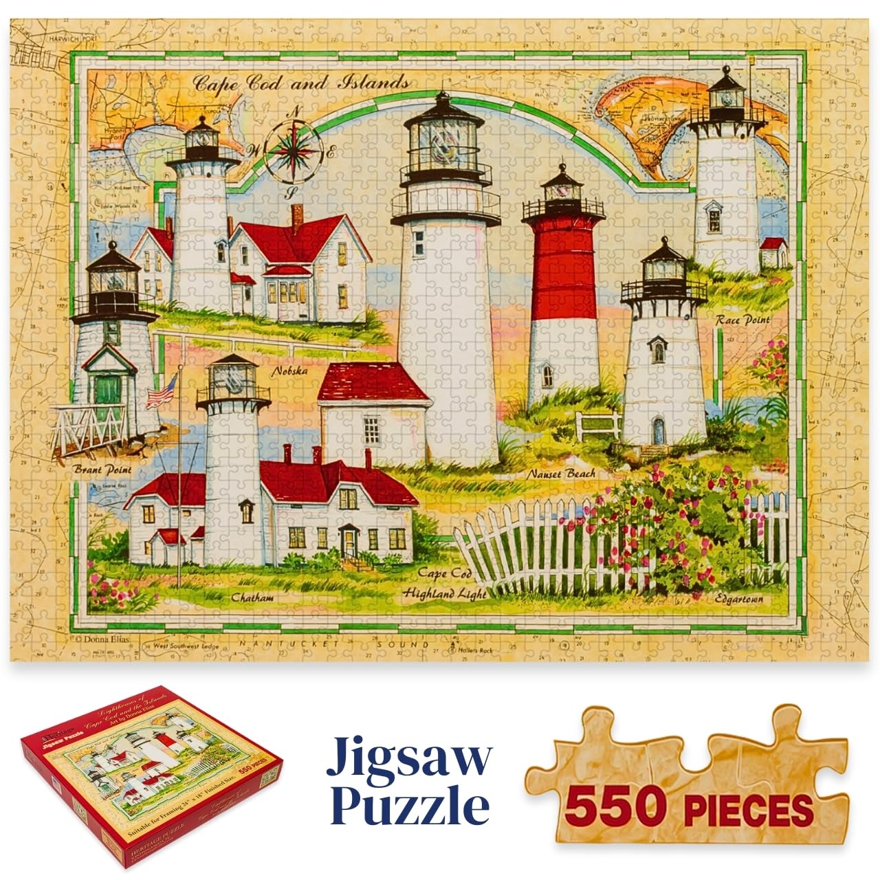 Heritage Puzzle – Leuchttürme von Cape Cod und die Inseln von Donna Elias 550 Teile Puzzles für Erwachsene – Historische nautische Kartenkunst – Rahmenpuzzle 45,7 x 61 cm Fertige Größe