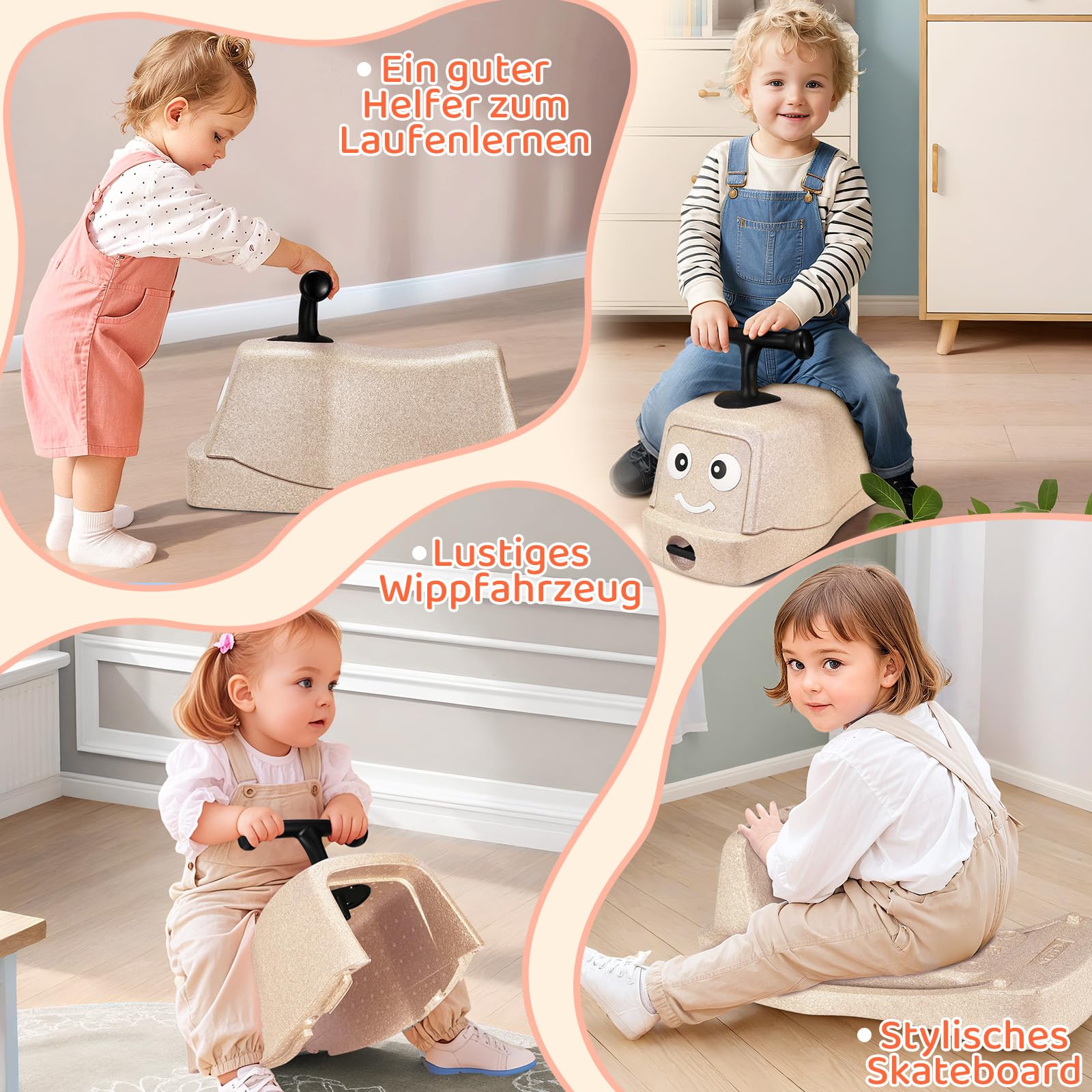 MAMIZO 5 in 1 Rutschauto ab 1 Jahr, Babyrutscher mit 4 PCS Geräuschlose Räder, Babyroller bis 20kg, Babyrollbrett, EPP, Baby Walker, Wippauto, Rutschfahrzeug, Baby Spielzeug Rutschauto, Indoor, Beige