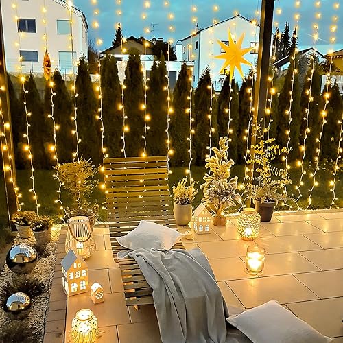 Miniatura 8 de JMEXSUSS 900 luces LED de cortina de Navidad para exteriores, 9.5 x 29.5 pies, luces de Navidad enchufables con control remoto, luces colgantes de