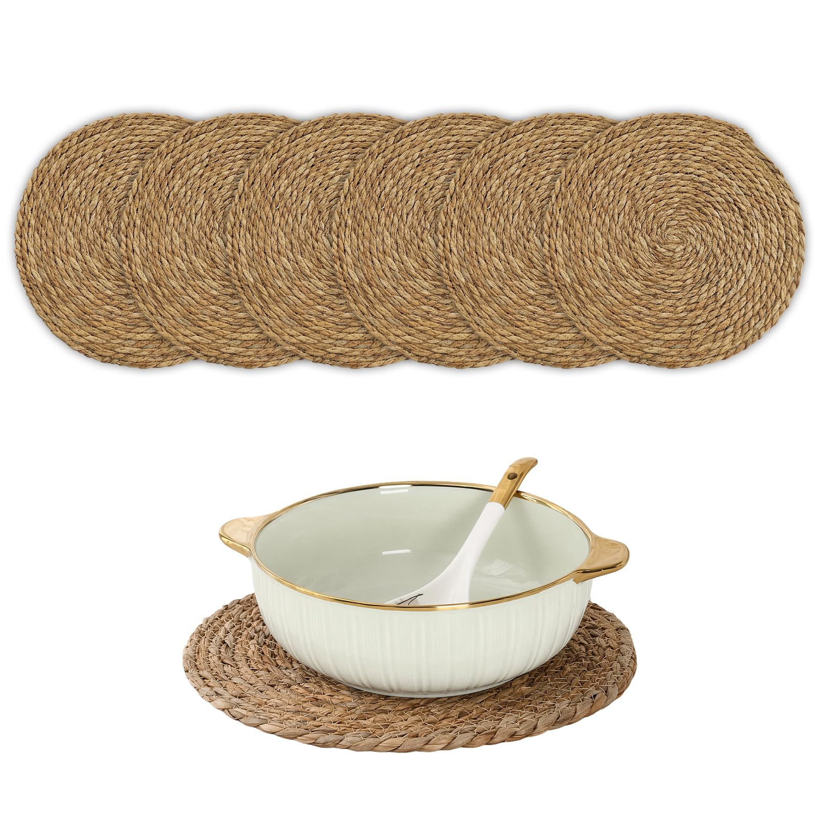 Yulondar Brown 6Pcs Water Hyacinth Placemats, 35Cm/13.8" Natural Woven Heat-Resistant