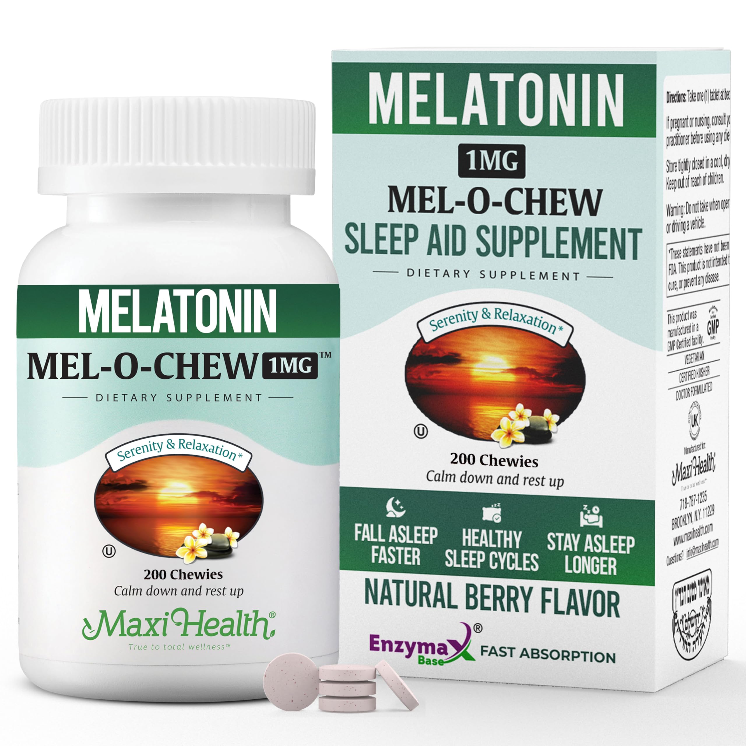 Maxi Health Melatonina Masticable de 1 mg - Ayuda para dormir. Melatonina para un sueño natural. Suplemento que no crea hábito con Enzymax para un apoyo de acción rápida. Kosher (200 unidades).