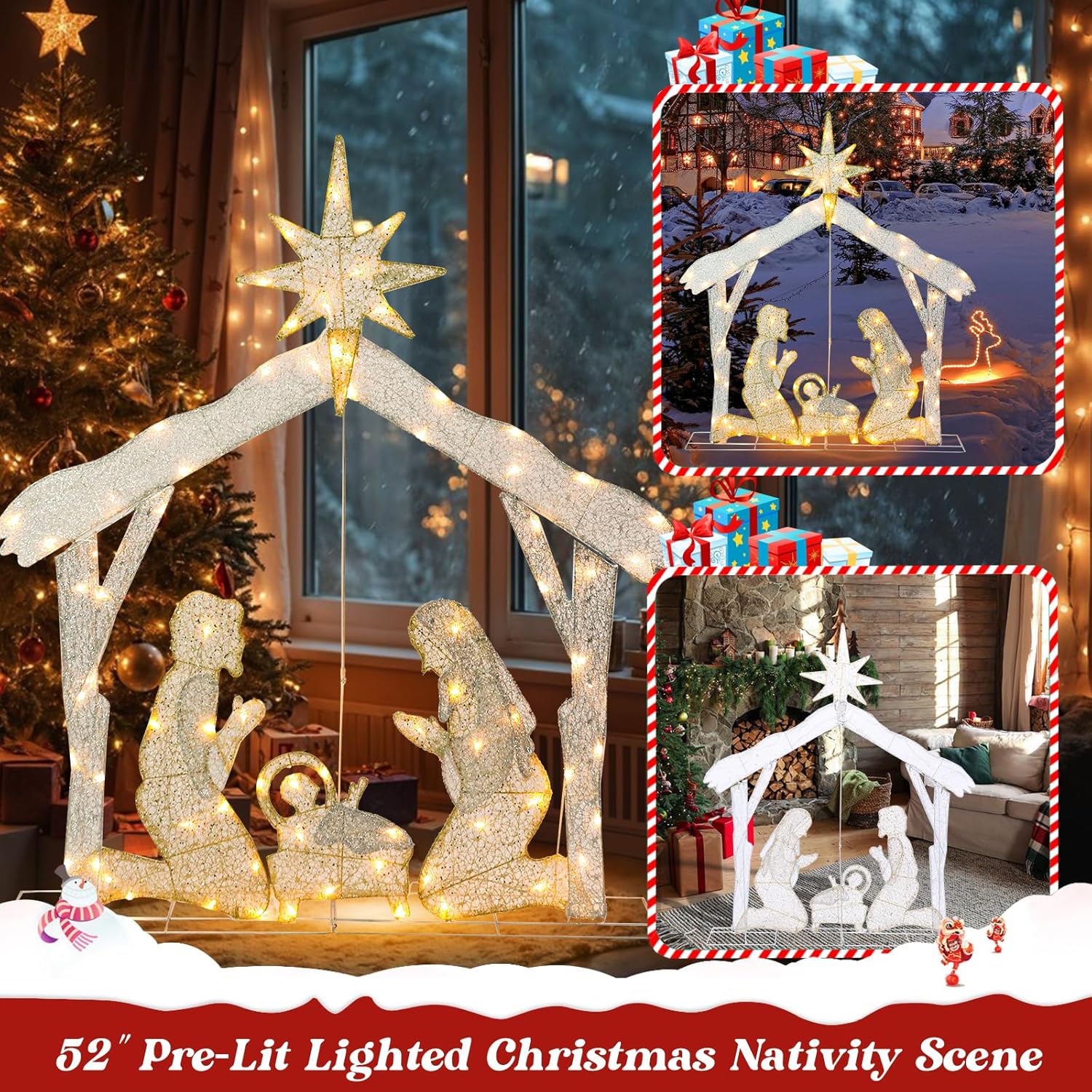 4.3 FT Lighted Christmas Nativity Scene Outdoor Decorations Large with 80 Warm White LED Lights Pre-lit 3D Glittered Nativity Scene for Lawn Yard Garden Yard Xmas Decor 2025