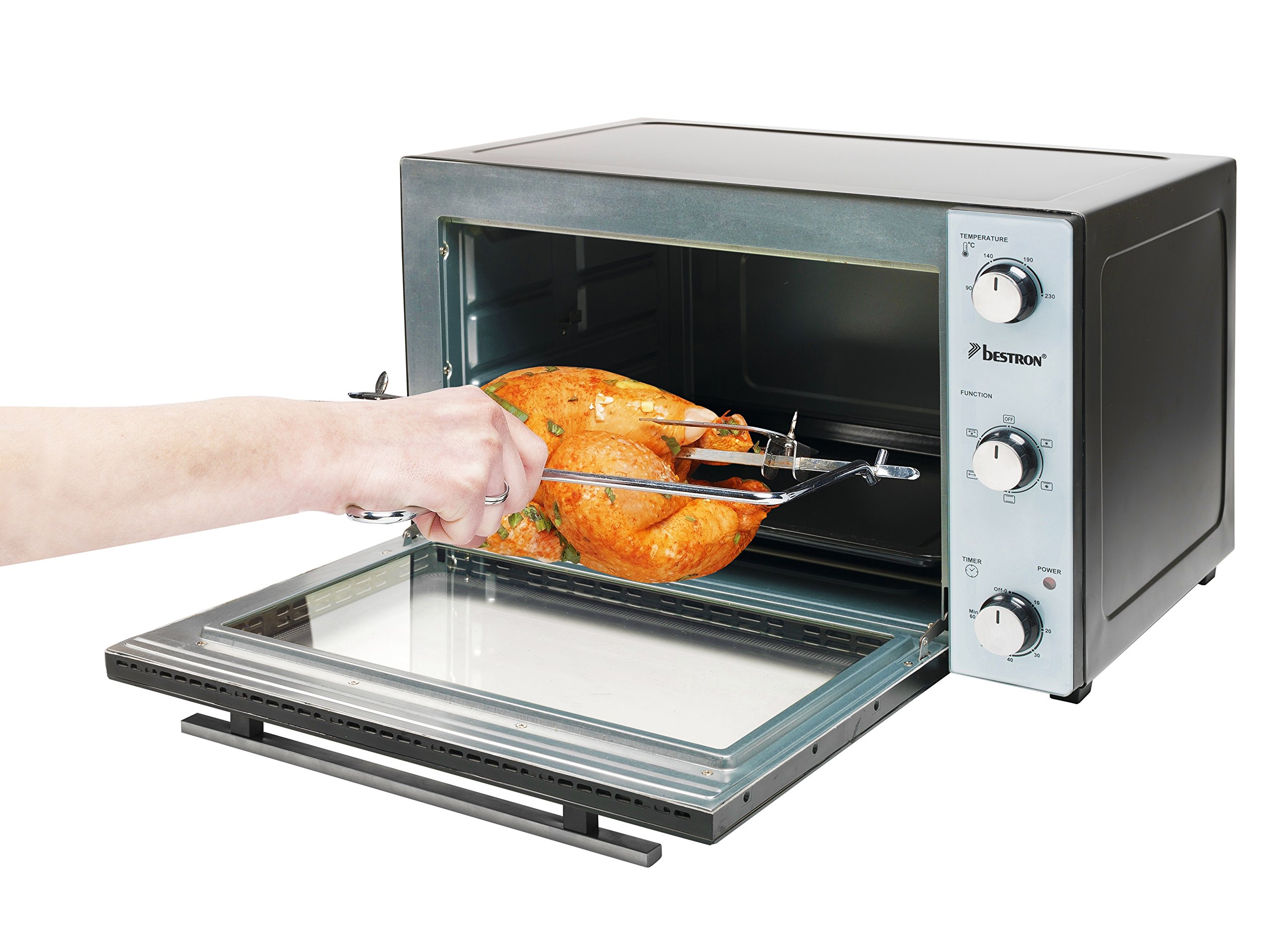 Bestron Mini Horno con Pincho Giratorio y Piedra para Pizza, 31 Litros, 1500 Vatios, Acero Inoxidable