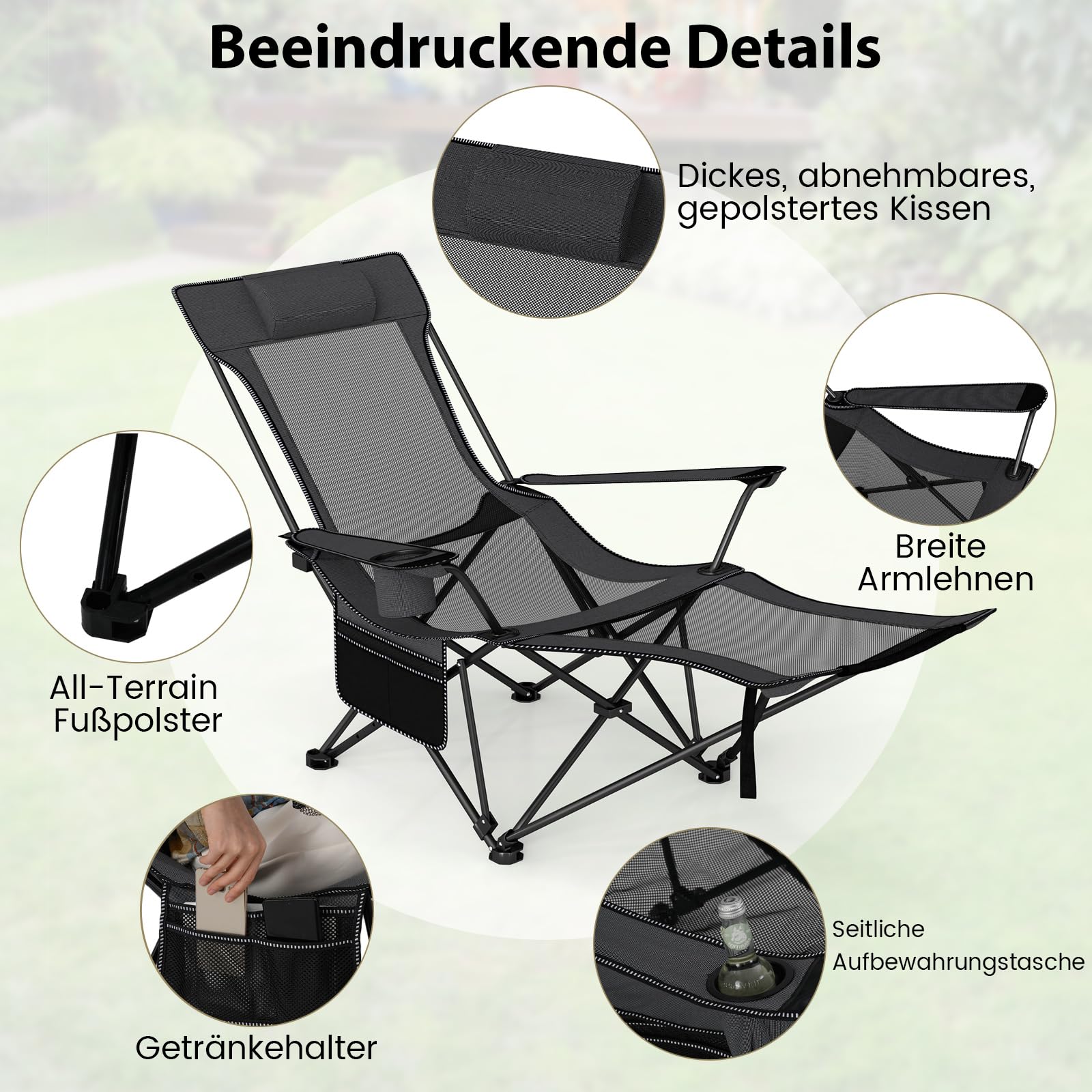 COSTWAY Campingstuhl mit Abnehmbarer Fußablage, klappbarer Angelstuhl mit Verstellbarer Rückenlehne, Kopfstütze, Getränkehalter & Seitentasche, Klappstuhl, Faltstuhl für Camping, Angeln (Grau)