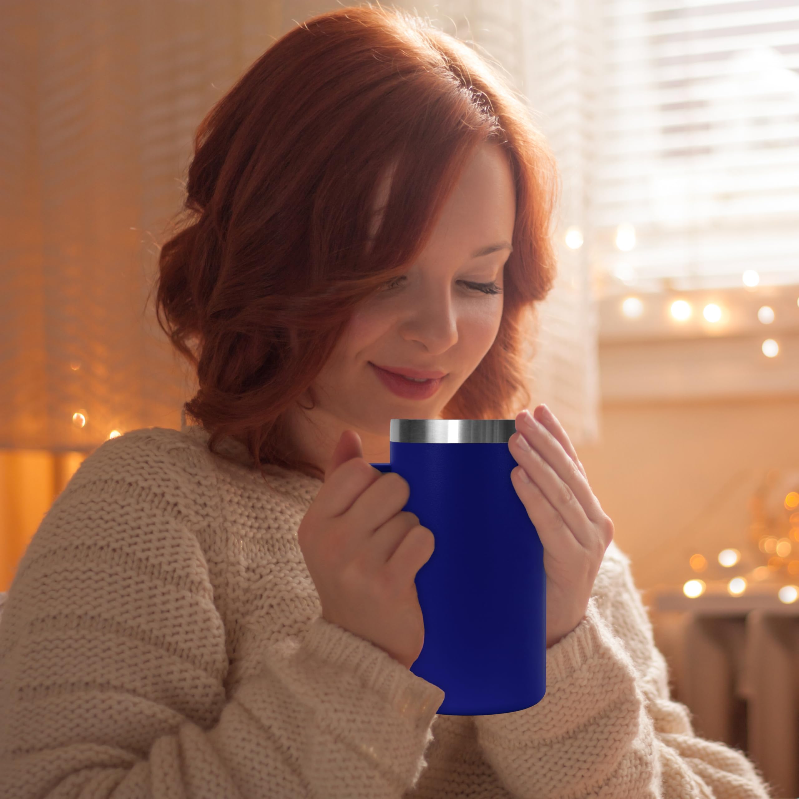 DOMICARE Taza de café de acero inoxidable de 24 onzas con asa y tapa, taza de viaje con asa, vaso de café al vacío de doble pared, taza aislada reutilizable, azul oscuro, paquete de 8