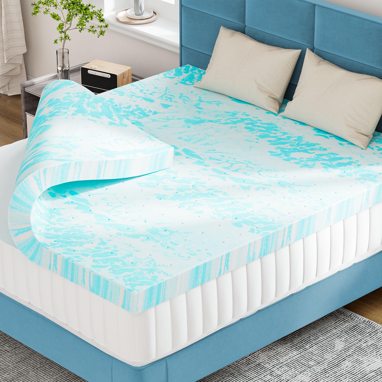 Sweetcrispy Mattress Topper Queen, 2 Inch Thick Memory Foam Gel Infused Cooling Toppers Pad for Queen Size Bed, Sleeper Sofa, RV, Camper, CertiPUR US Certified, Ventilated and Breathable, Blue