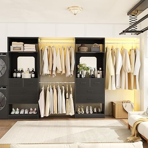 Miniatura 5 de Unikito Closet Systems - Organizador de armario de 6 a 14 pies con 8 cajones y espejo, 168 pulgadas grande de madera con torre, armario resistente