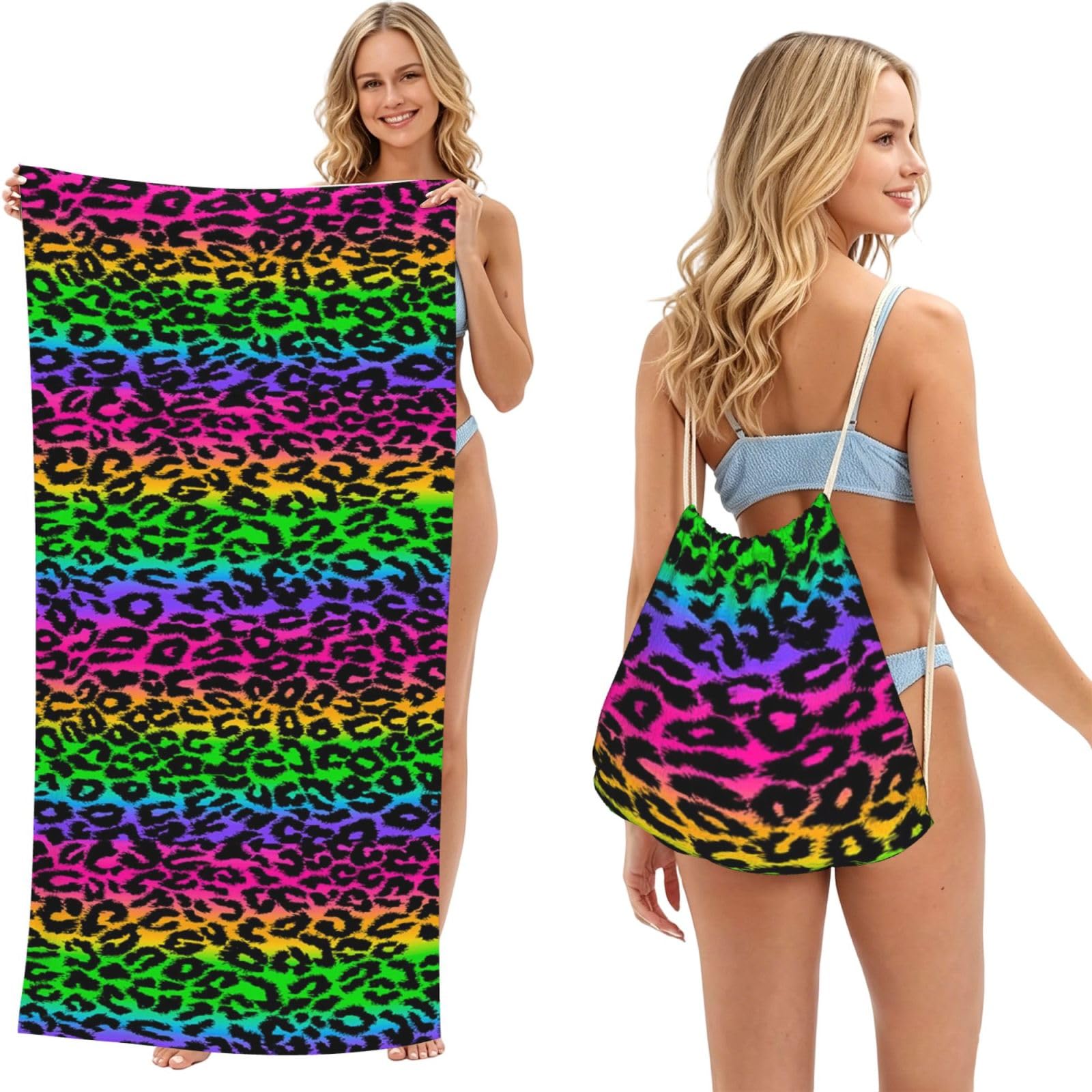 Poadnly As Picture Rainbow Leopard Print, 2 In 1 Packable Towel Bag, Beach Towels With Drawstring Backpack For Travel Holiday Camping