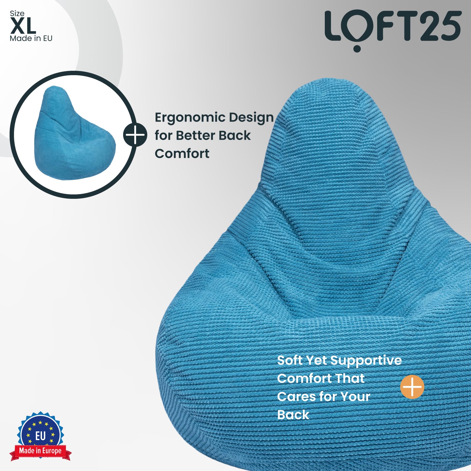 Loft 25 Volwassen Highback Bean Bag Stoel | Corduroy Stof Indoor Woonkamer Gaming Zitzak Ligstoel Interne Voering Ergonomisch Ontwerp Zwart Zitzak