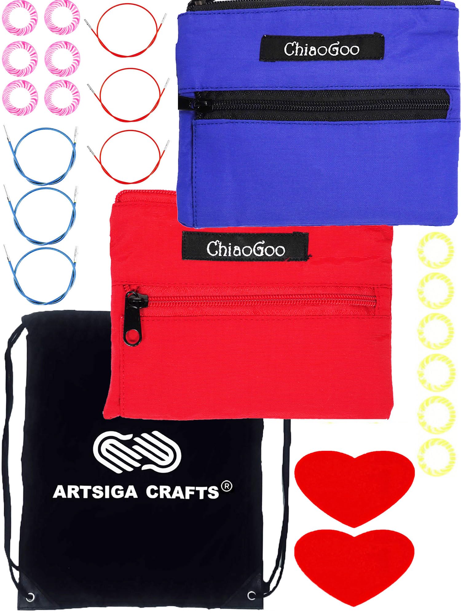ChiaoGoo Twist Red Lace Shorties 2 & 3-Inch 7230 Combo Pack Interchangeable Knitting Needle Set, 22-Pairs Sizes US 0, 1, 1.5, 2, 2.5, 3, 4, 5, 6, 7, 8, 6 Cords with Project Bag