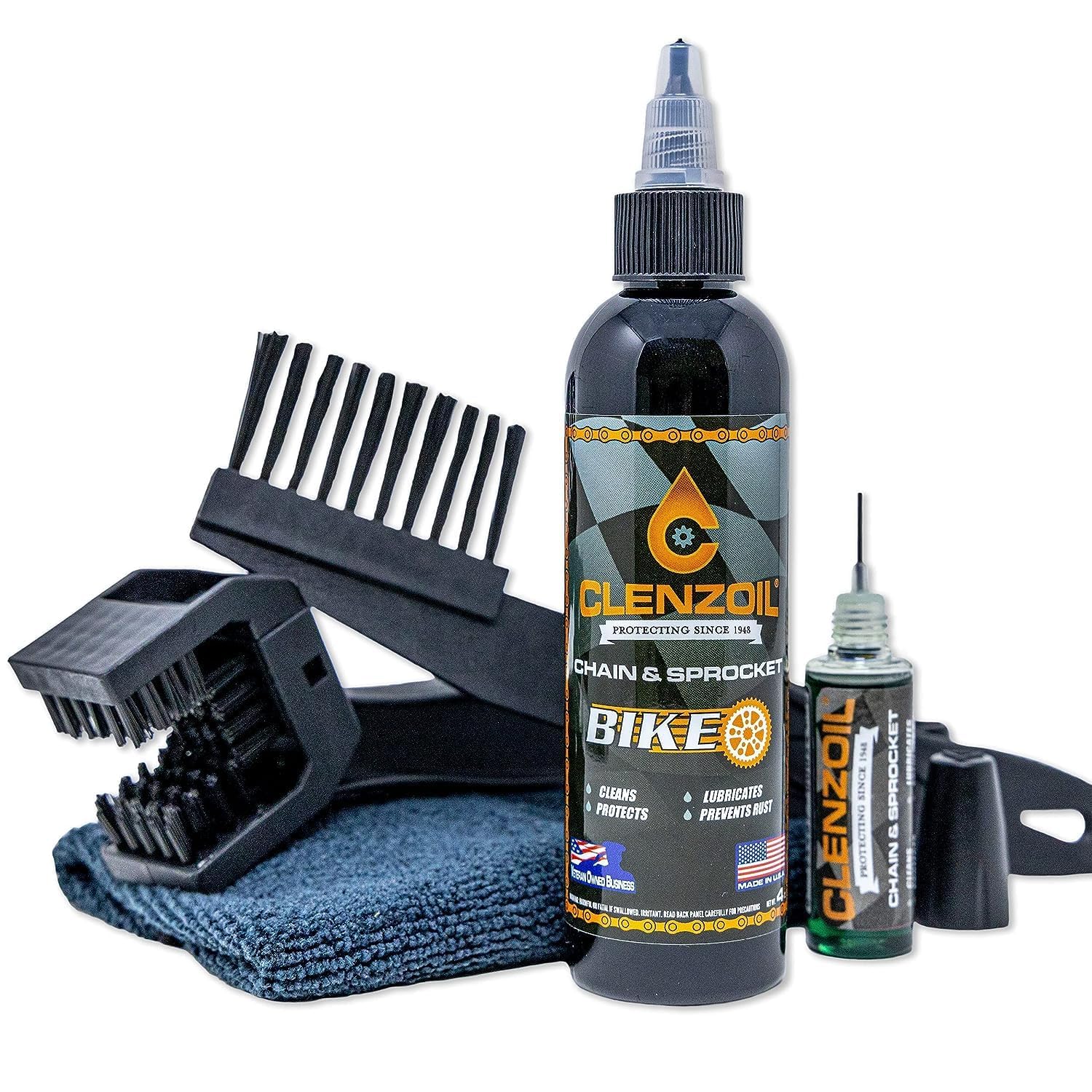 Clenzoil Chain & Sprocket Cleaning Kit - Chain Cleaner Lubricant Protectant (CLP) - Wet Lube Application, Dry Lube Performance - 4 oz Bottle, 0.5 oz Needle, Microfiber Towel & Chain Brush