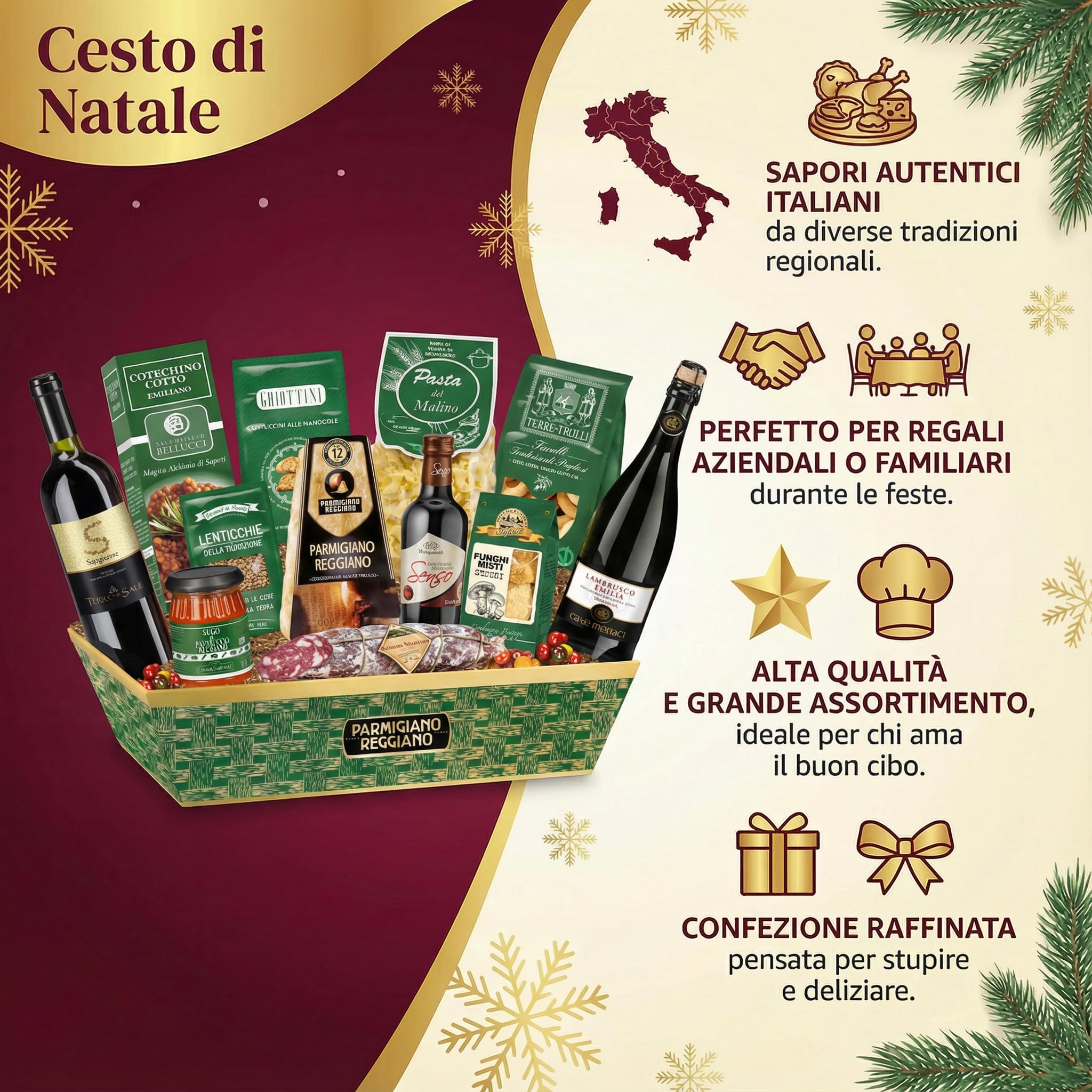 Cesto Natalizio Gaia da 13 Pezzi, Specialità Gastronomiche: Parmigiano, Cotechino, Vino Sangiovese, e Delizie Tipiche per Natale