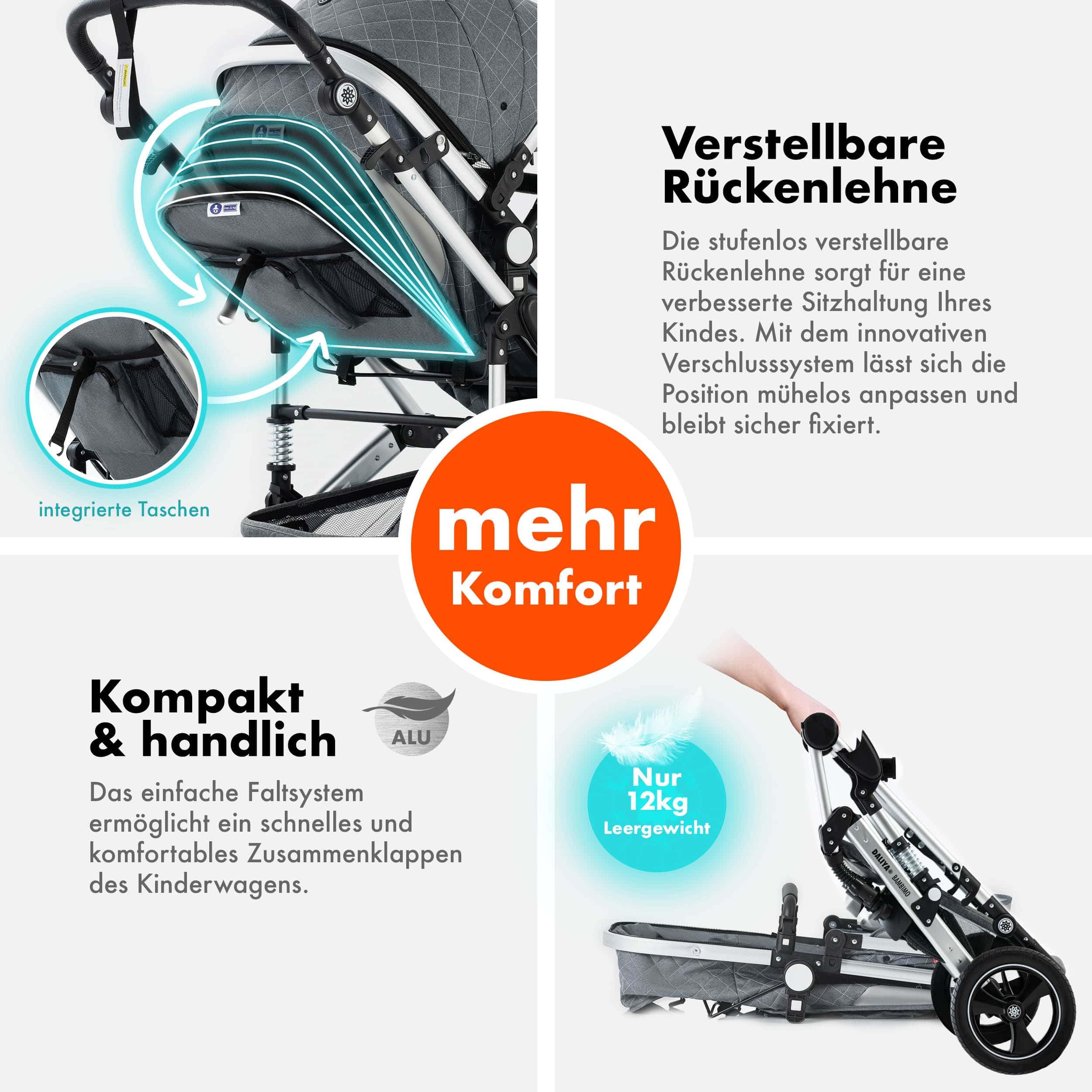 Daliya® BAMBIMO 2in1 Kinderwagen | Kombikinderwagen mit Aluminium-Gestell & Federung | Umbaubar zum Buggy | Wenderichtung beidseitig | Klappbar & platzsparend | Airless-Räder (Grau - Rahmen Silber)