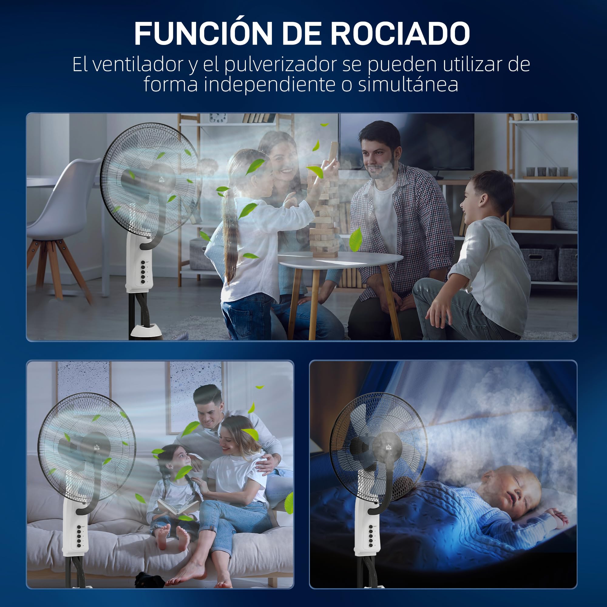HOMCOM Ventilador Silencioso con Nebulización 90W, Ventilador de Pie de 120cm con 3 Velocidades, Oscilación de 70°, Cabezal Ajustable, Depósito de Agua de 2,8L, Blanco