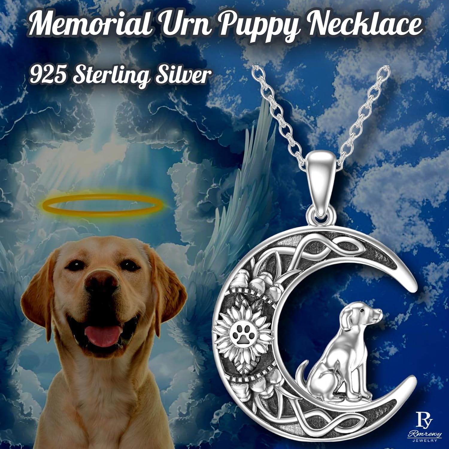 RMREWY Dog Memorial Urn Necklace for women Men, 925 Sterling Silver Crescent Moon Sunflower Cremation Pendant keepsake for pet