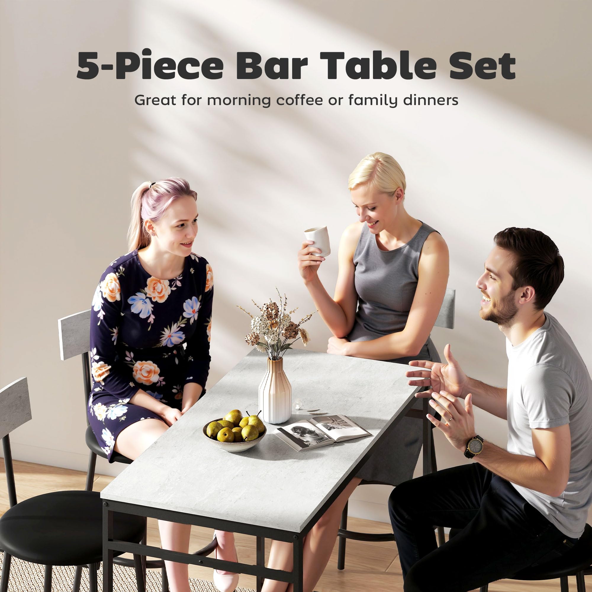 HOMCOM Juego de Mesa de Bar con 4 taburetes con tapicería de Cuero de PU, sillas de Bar y Cocina Que ahorran Espacio con Patas de Acero, Estilo Moderno, Mesa Alta con taburetes para el hogar Comedor