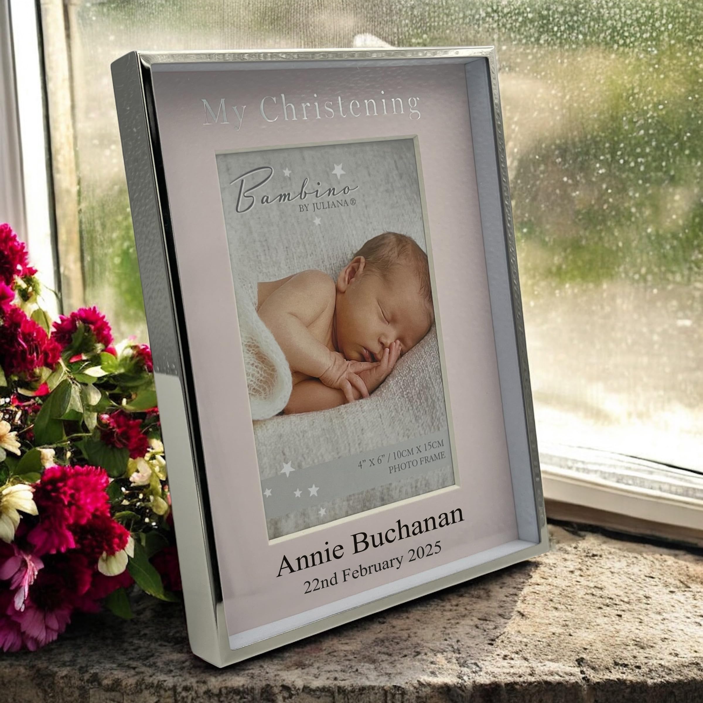 Personalised Christening Day Photo Frame, 10.2 cm x 15.2 cm, Silver with Pink Mount