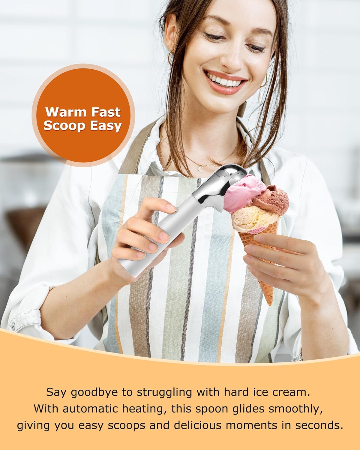 Heated Ice Cream Scoop, USB Rechargeable Electric Scooper with LED Display, Heats to 158°F for Hard Ice Cream, Easy for Seniors & Kids, IP67 Waterproof – Black