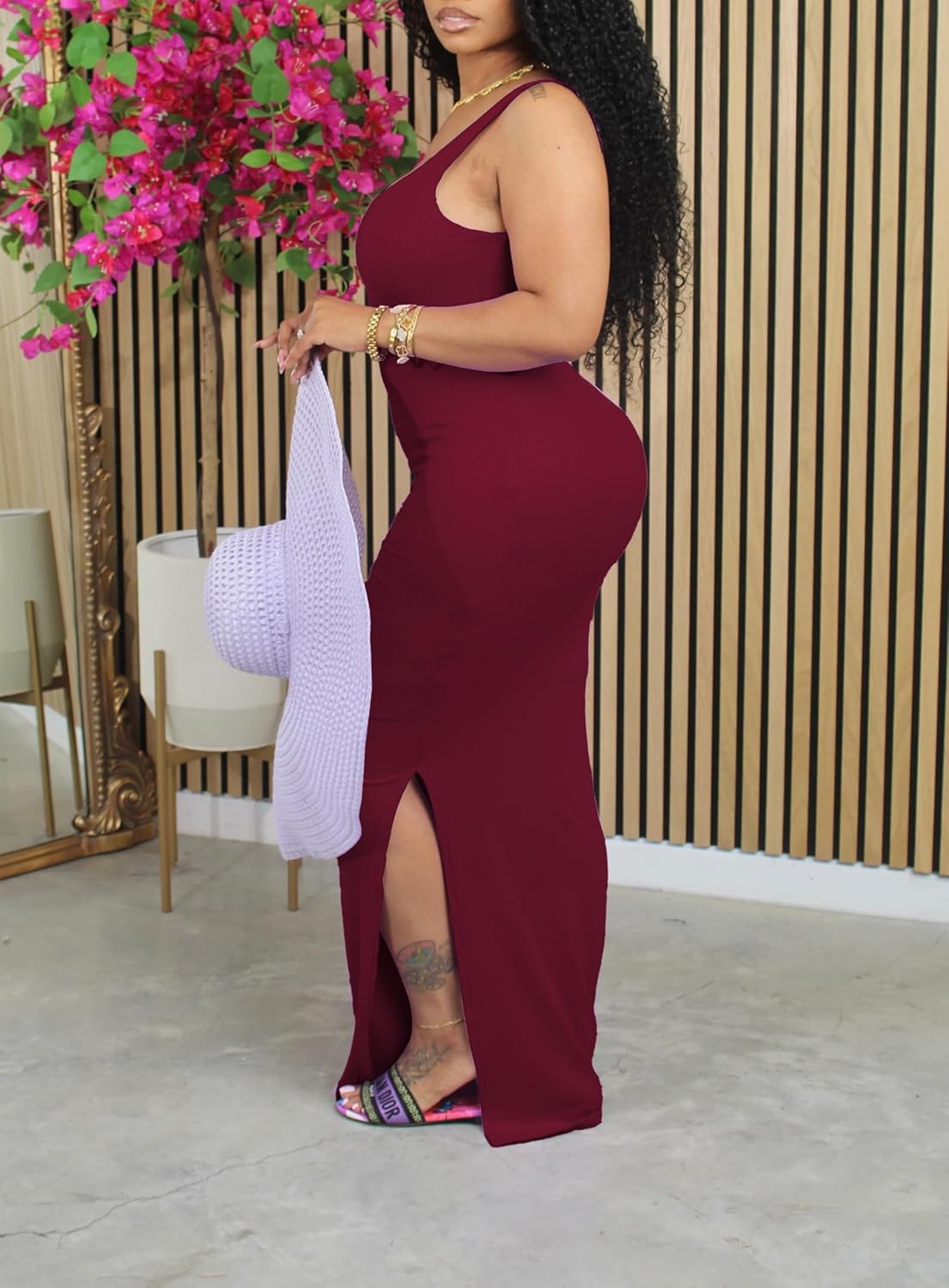 HBQ Women's Summer Bodycon Maxi Dress Sexy Sleeveless Side Slit Tank Party Club Ribbed Long Dress - Image 3